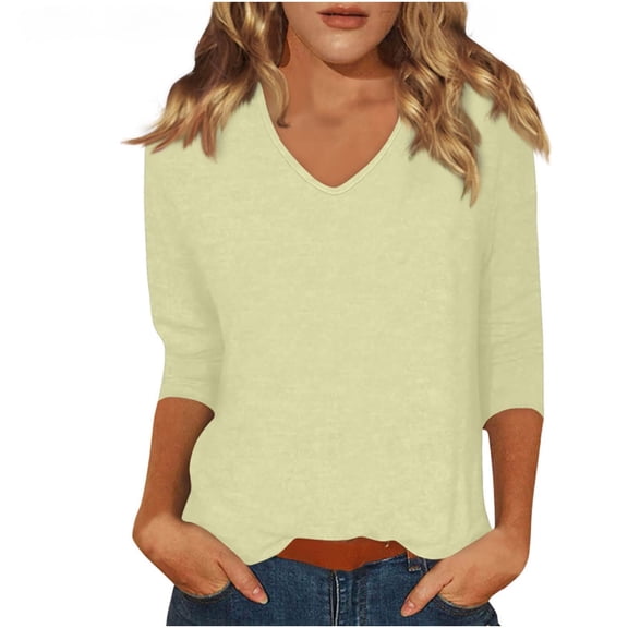 Women's V Neck T Shirts Solid Color 3/4 Length Sleeve Tops for Women Casual Loose Fit Base Tees, Beige|V-neck S