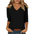 thumbnail image 1 of Women's V Neck T Shirts Solid Color 3/4 Length Sleeve Tops for Women Casual Loose Fit Base Tees, Black|V-neck L, 1 of 6