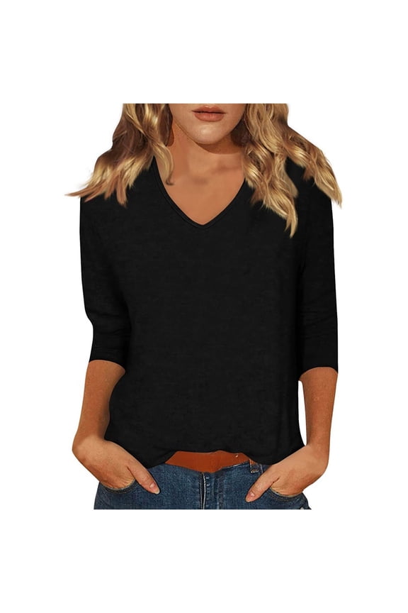 Women's V Neck T Shirts Solid Color 3/4 Length Sleeve Tops for Women Casual Loose Fit Base Tees, Black|V-neck M