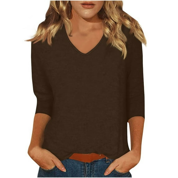 Women's V Neck T Shirts Solid Color 3/4 Length Sleeve Tops for Women Casual Loose Fit Base Tees, Brown|V-neck 2XL