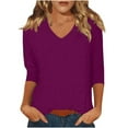 thumbnail image 1 of Women's V Neck T Shirts Solid Color 3/4 Length Sleeve Tops for Women Casual Loose Fit Base Tees, Purple|V-neck 2XL, 1 of 7