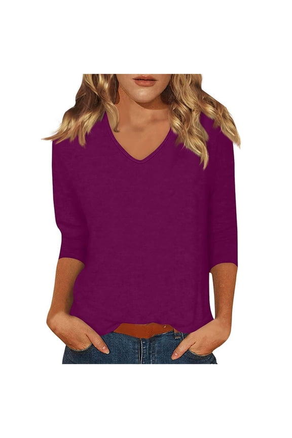 Women's V Neck T Shirts Solid Color 3/4 Length Sleeve Tops for Women Casual Loose Fit Base Tees, Purple|V-neck L