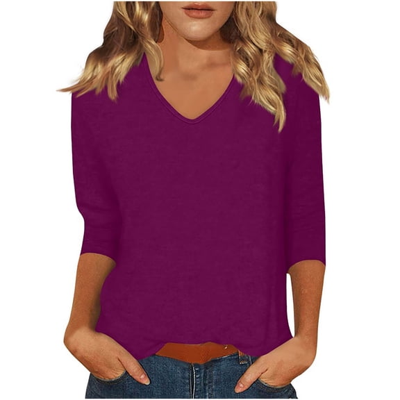 Women's V Neck T Shirts Solid Color 3/4 Length Sleeve Tops for Women Casual Loose Fit Base Tees, Purple|V-neck M