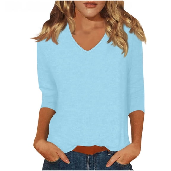 Women's V Neck T Shirts Solid Color 3/4 Length Sleeve Tops for Women Casual Loose Fit Base Tees, Sky Blue|V-neck L