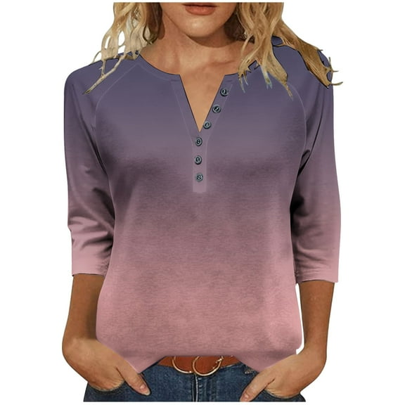 Women's V Neck T Shirts Women's V Neck T Shirts Gradient 3/4 Sleeve Tops for Women Casual Loose Basic Tees