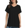 thumbnail image 1 of Women's V Neck T-shirt with Rolled Sleeves, Summer Loose Fit Tops with Side Split, 1 of 5