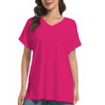 thumbnail image 1 of Women's V Neck T-shirt with Rolled Sleeves, Summer Loose Fit Tops with Side Split, 1 of 5