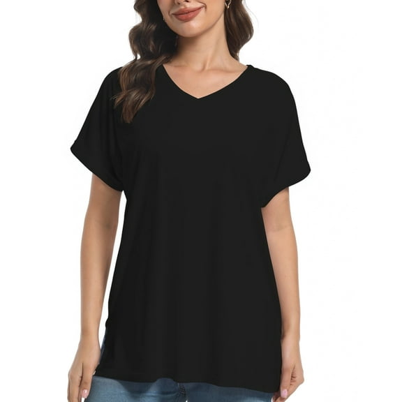 Women's V Neck T-shirt with Rolled Sleeves, Summer Loose Fit Tops with Side Split