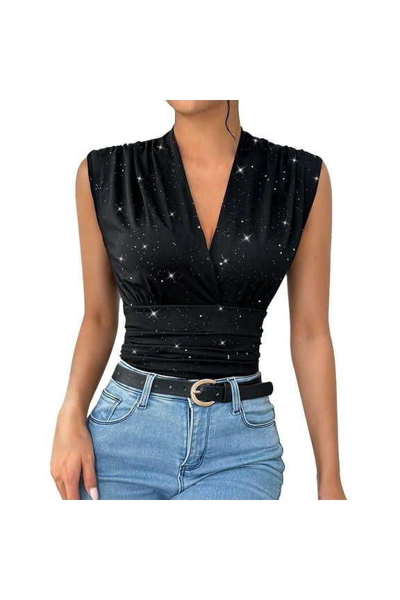 Women's V Neck Tank Tops Business Casual Sleeveless Ruched Work Blouses Star Printed Slim Fit Summer T Shirts (XL, Black)