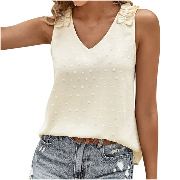 Women's V Neck Tank Tops Dot Slim Fit Babydoll Summer Sleeveless Solid Color Lace Patchwork Tees Beige,S