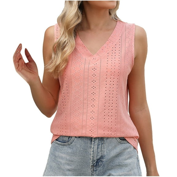 Women's V Neck Tank Tops Eyelet Sleeveless Shirts 2025 Summer Going out Fashion Casual Loose Fit Basic Blouses (M, Orange)