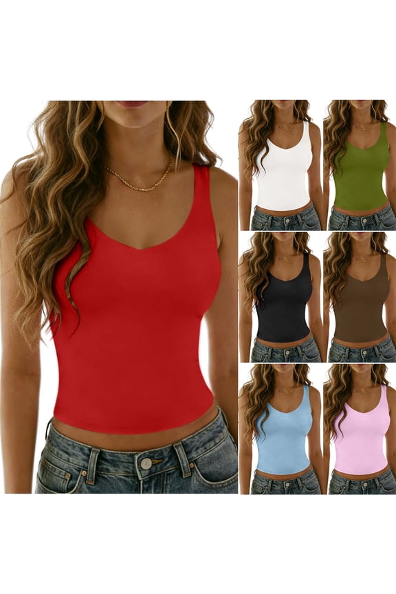 Women's V Neck Tank Tops Slim Fitted Going Out Crop Top Sleeveless Soft Base Tee Summer Casual Yoga Tshirts (S, Red)