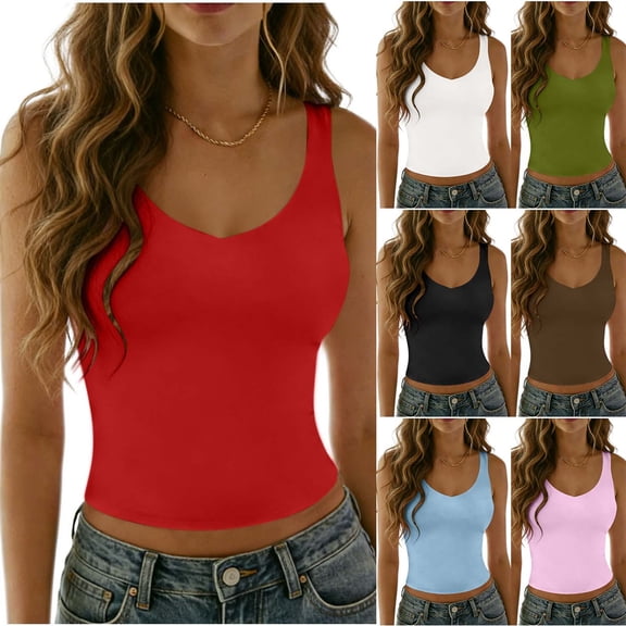 Women's V Neck Tank Tops Slim Fitted Going Out Crop Top Sleeveless Soft Base Tee Summer Casual Yoga Tshirts (XL, Red)