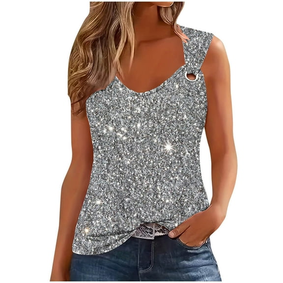 Women's V Neck Tank Tops Summer Fashion Floral Printed Sleeveless Shirts Casual Flowy Loose Fit Tunic Blouses (L, Silver)