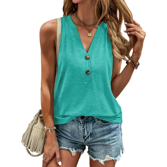 Women's V Neck Tank Tops Summer Sleeveless Button Casual Henley Shirts Green S