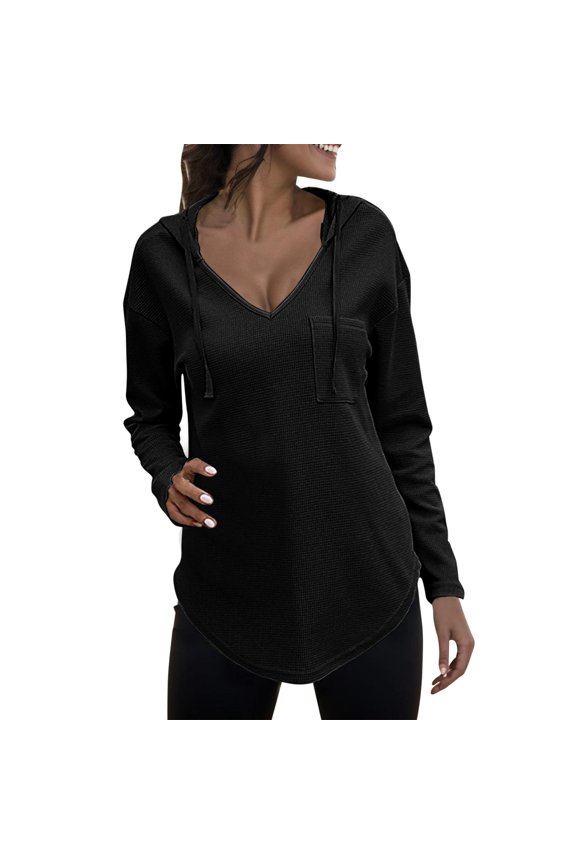 Women's V Neck Tartan Check Hoodie Long Sleeve Knit Plaid Drawstring Pullover Hooded Sweatshirt Cozy Daily Pocketed Top