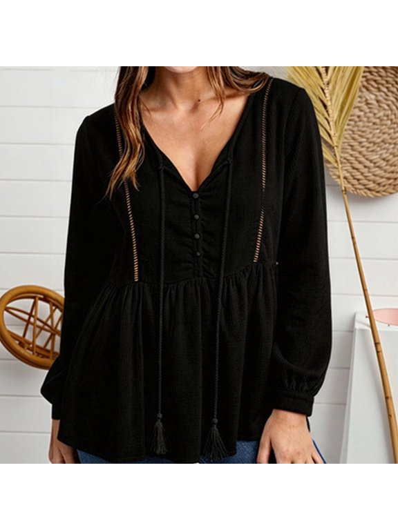 Women's V Neck Tassel Blouse Eyelet Cutout Long Bubble Sleeve Shirt,Loose Peplum Casual Tunic Top with Button Front,Lightweight Fall Spring Fashion Blouses for Daily Wear Black S