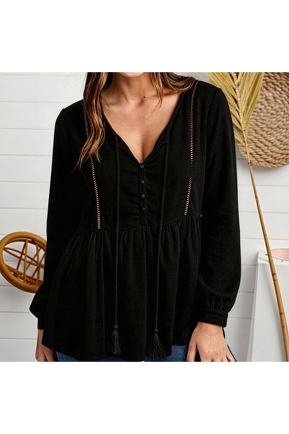 Women's V Neck Tassel Blouse Eyelet Cutout Long Bubble Sleeve Shirt,Loose Peplum Casual Tunic Top with Button Front,Lightweight Fall Spring Fashion Blouses for Daily Wear Black S