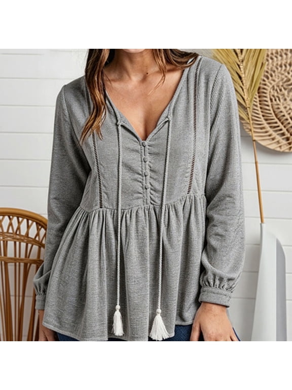 Women's V Neck Tassel Blouse Eyelet Cutout Long Bubble Sleeve Shirt,Loose Peplum Casual Tunic Top with Button Front,Lightweight Fall Spring Fashion Blouses for Daily Wear Grey S