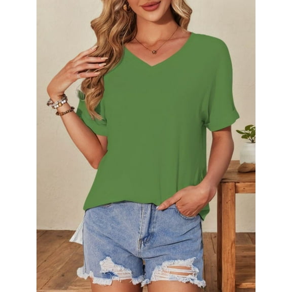 Women's V-Neck Tee Summer Tshirts Casual Short Sleeve Tops Loose Blouse Fit Tunic Soft