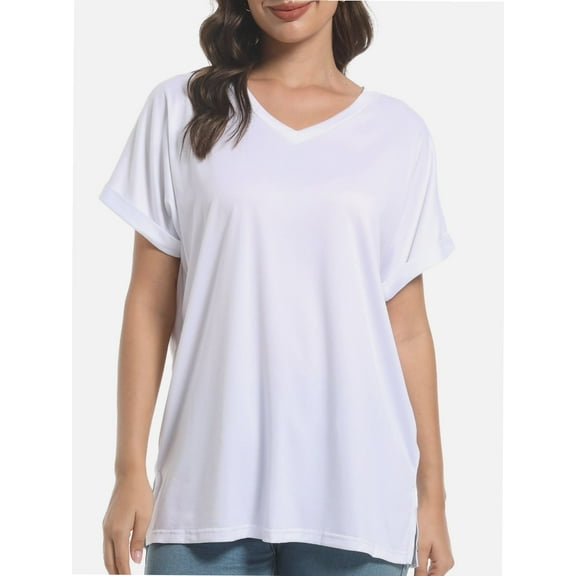 Women's Summer Casual V-Neck  Short Sleeve Loose Blouse Fit Soft Tshirts