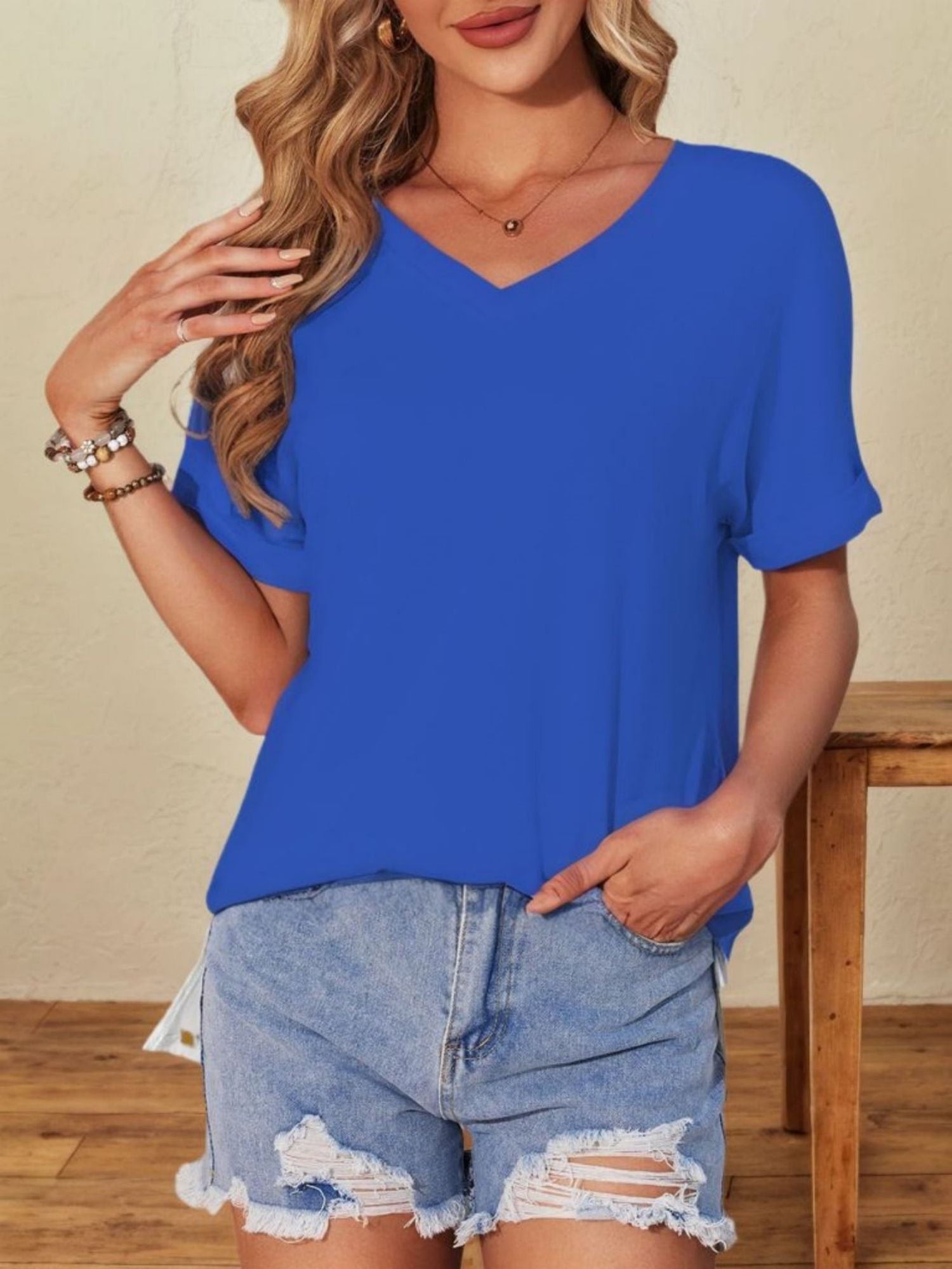 Women's V-Neck Tee Summer Tshirts Casual Short Sleeve Tops Loose Blouse ...