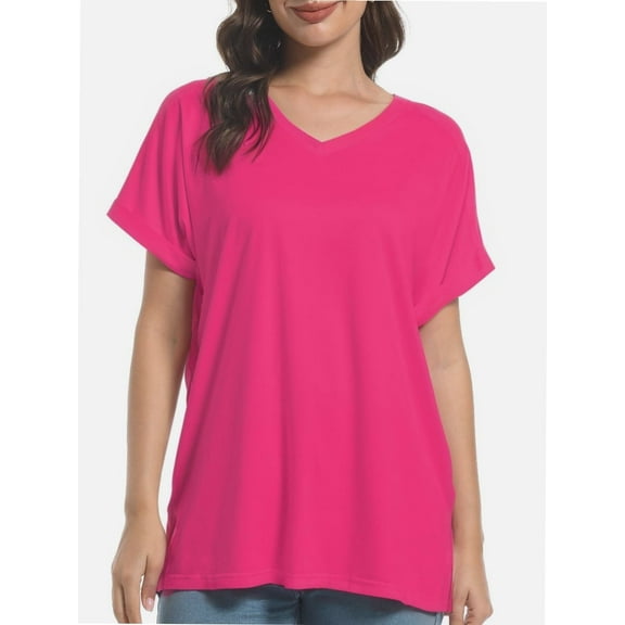 Women's Summer Casual V-Neck  Short Sleeve Loose Blouse Fit Soft Tshirts