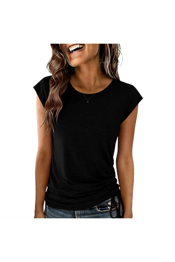 Women's V Neck Tees Women's Ruched T-Shirt Crew Neck Side Drawstring Cap Sleeve Solid Color Casual Tops Black XL