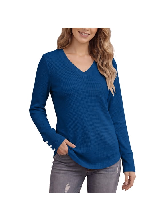 Women's V Neck Textured Grid Long Sleeve Top Decorative Button Cuff Detail Tops for Women Blue M