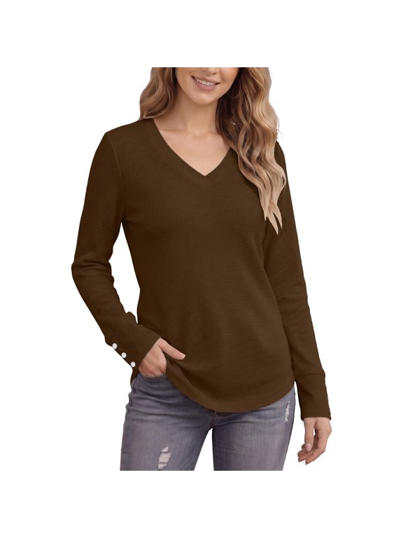 Women's V Neck Textured Grid Long Sleeve Top Decorative Button Cuff Detail Tops for Women Coffee 3XL