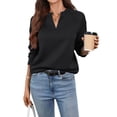thumbnail image 1 of Women's V-Neck Textured Light Weight Long Sleeve Sweatshirt Casual Outfits Spring Fall Clothes Black S, 1 of 10