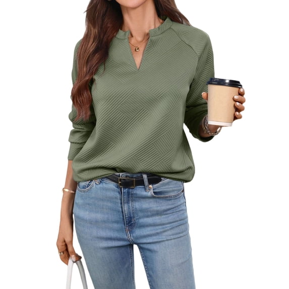 Women's V-Neck Textured Light Weight Long Sleeve Sweatshirt Casual Outfits Spring Fall Clothes Green L
