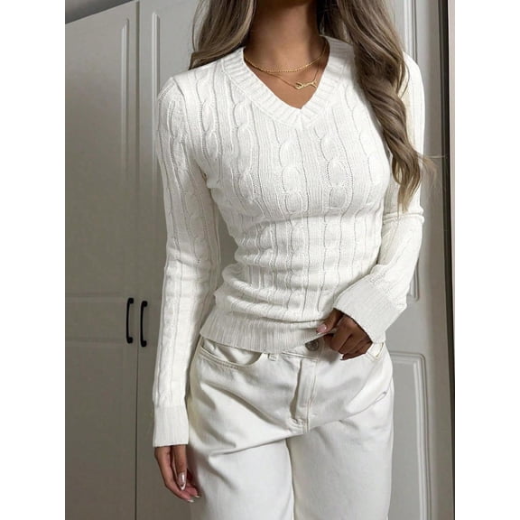 Women's V Neck Thin And Soft Long Sleeve Slim Fit Cropped Cable Knit Sweater Regular Pullover Top