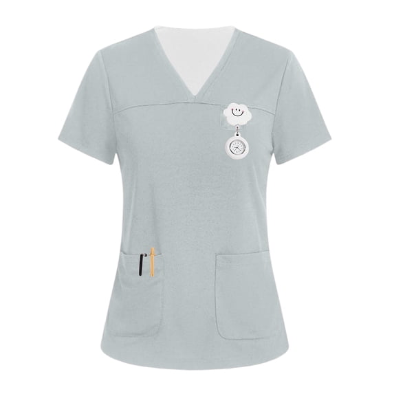 Women's V-Neck Three-Pocket Top,Soft Stretch Cotton Blend Pullover Shirt,Short Sleeve Solid Color Work Scrub for Nursing Caregiver Work Light Gray 3XL