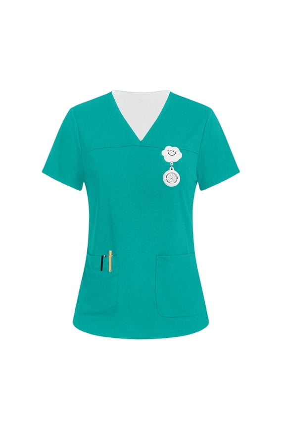 Women's V-Neck Three-Pocket Top,Soft Stretch Cotton Blend Pullover Shirt,Short Sleeve Solid Color Work Scrub for Nursing Caregiver Work Cyan 3XL