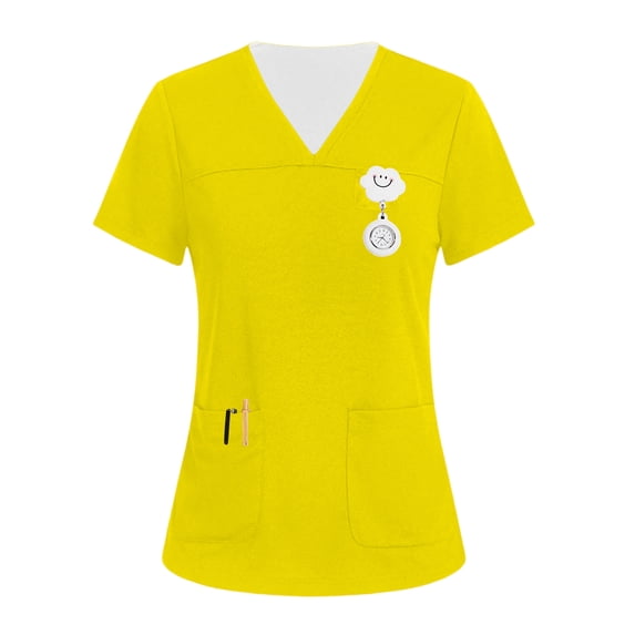 Women's V-Neck Three-Pocket Top,Soft Stretch Cotton Blend Pullover Shirt,Short Sleeve Solid Color Work Scrub for Nursing Caregiver Work Yellow 2XL