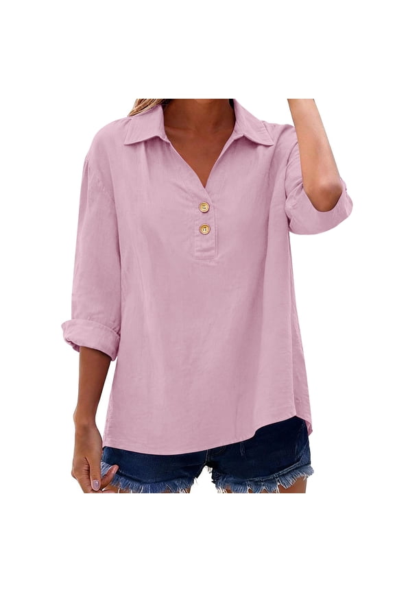 Women's V-Neck Three-Quarter Sleeve Casual Blouse Soft Breathable Polyester Top for Daily Wear