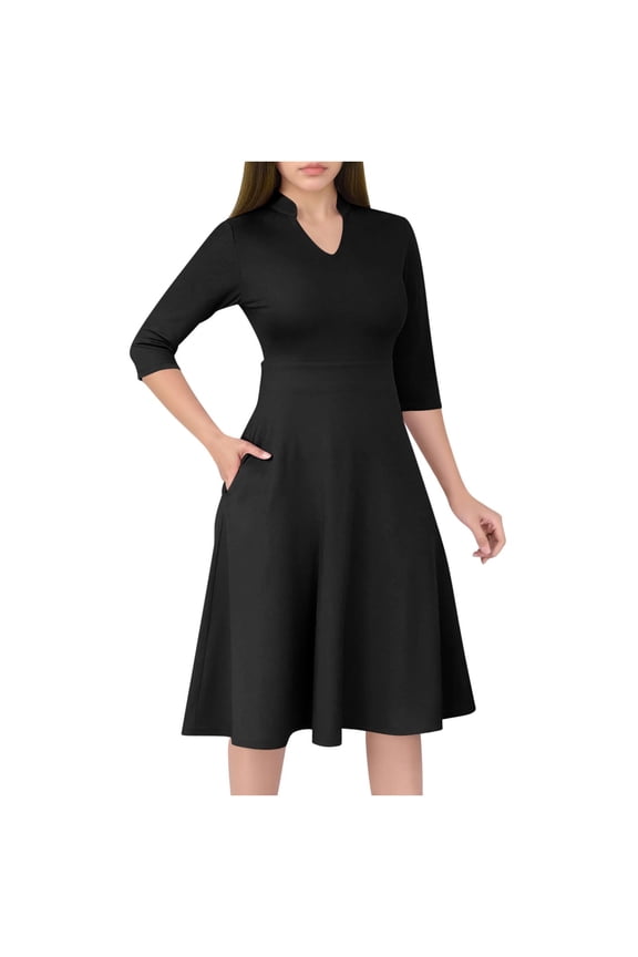 Women's V Neck Three Quarter Sleeve Church Work Dress with Pockets, Modest Office Dress, Professional Wear, Comfortable Fabric, Knee Length,Black M
