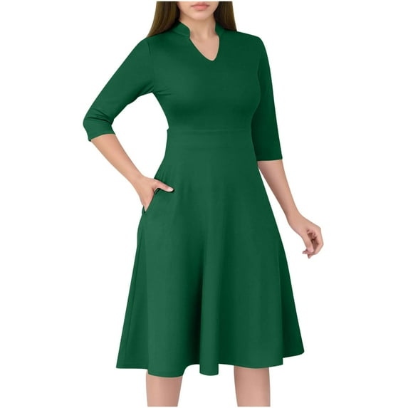 Women's V Neck Three Quarter Sleeve Church Work Dress with Pockets, Modest Office Dress, Professional Wear, Comfortable Fabric, Knee Length,Green 2XL