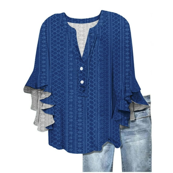 Women's V-Neck Tie Button Hollow Fabric Blouse with Ruffled Short Sleeves, Loose Fit Casual Breathable Top for Summer Wear