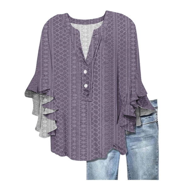 Women's V-Neck Tie Button Hollow Fabric Blouse with Ruffled Short Sleeves, Loose Fit Casual Breathable Top for Summer Wear