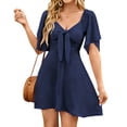 thumbnail image 1 of Women's V-Neck Tie Front Flutter Sleeve Mini Dress - Casual Short Sleeve Smocked Back A-Line Dress for Summer, 1 of 5