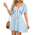 thumbnail image 1 of Women's V-Neck Tie Front Flutter Sleeve Mini Dress - Casual Short Sleeve Smocked Back A-Line Dress for Summer, 1 of 5