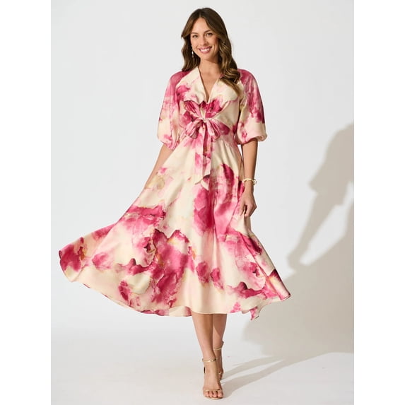 Women's V-Neck Tie Front Midi Dress,Puff Short Sleeve Satin Flowy Dress,Available in Solid Navy & Watercolor Print