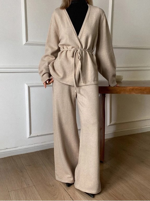 Women's V-Neck Tie Waist Cardigan & High-Waist Wide Leg Pants Sweater Set
