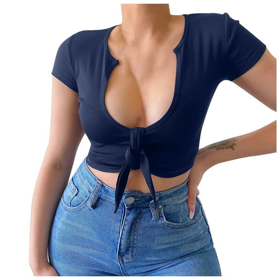Women's V Neck Tie Waist Sexy Street Short Sleeve T-Shirt Top Casual Fashion Comfortable Fit Stylish Summer Tee