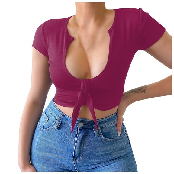 Women's V Neck Tie Waist Sexy Street Short Sleeve T-Shirt Top Fashion Casual Comfortable Stretchy Fit