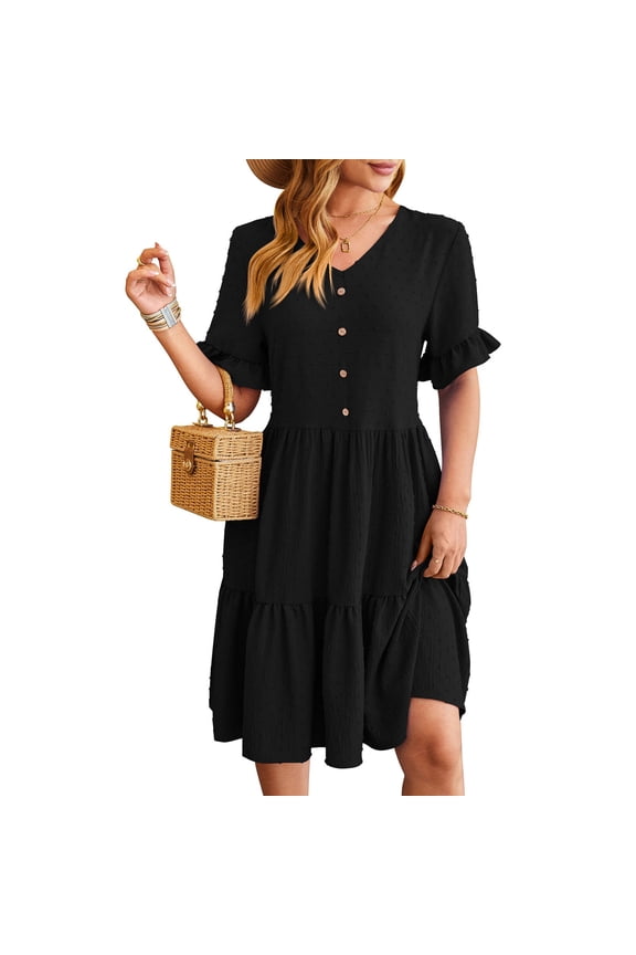 Women's V-Neck Tie-Waist Solid Color Pleated Sleeve Office Dress - Black S