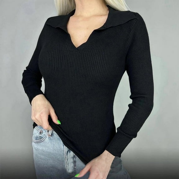 Women's V Neck Tight Tops Casual Long Sleeve Shirts Tunic Knitted Sweater Fall Fashion Outfits Black S