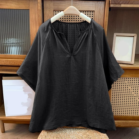 Women's V-Neck Top, Casual Short Sleeve Linen Feel Shirt, Solid Color Blouse with Raglan Sleeve for Comfort